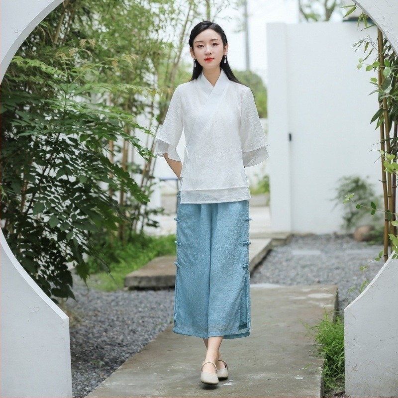 Top od pamuka-lina s mandarin ovratnikom, kineskog stila, širokog kroja; ženski set s širokim hlačama — Vinylon vlakno, OEM prerada, proljeće 2022