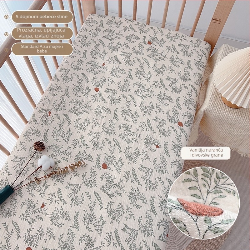 Dječji prilagođeni list za madrac od gaze, uzorak biljaka, reaktivno tiskanje, za sve sezone
