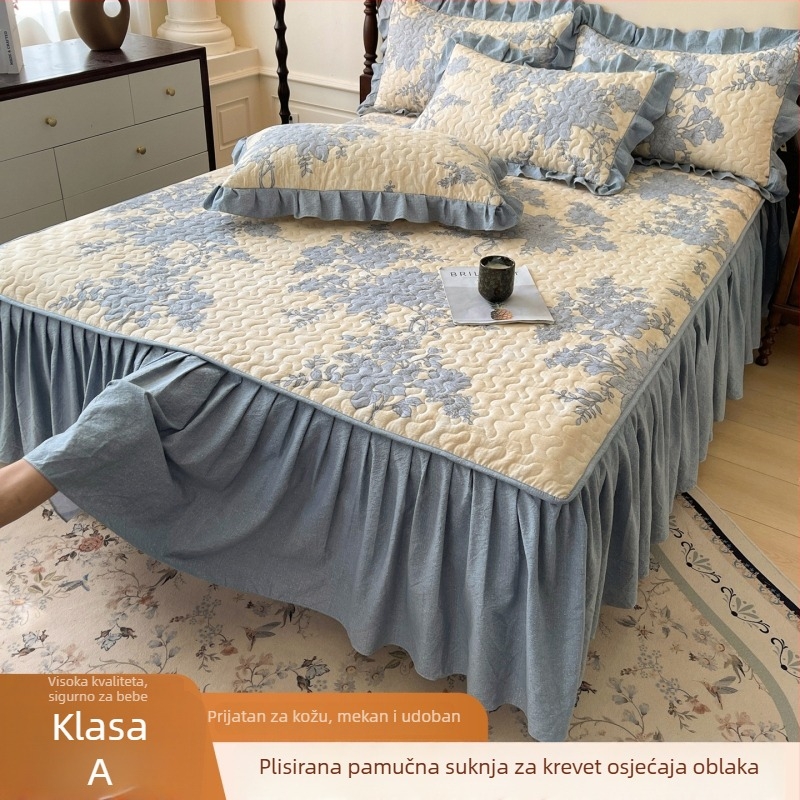 Pamukna quiltana rub kreveta za krevet 1,5 m, cvjetni uzorak, reactive tisk, protuklizni, otporan na prljavštinu, trodijelni set