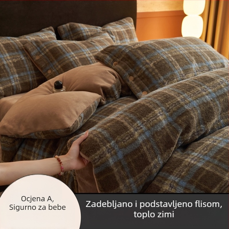 Zimski debeli set posteljine od mliječnog velura, četiri dijela, navlaka za pokrivač s dvostrukom stranom, geometrijski kvadratni uzorak, težina 3500–4000 g