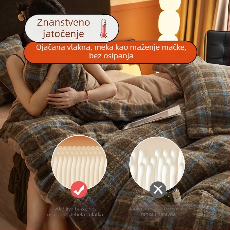 Zimski debeli set posteljine od mliječnog velura, četiri dijela, navlaka za pokrivač s dvostrukom stranom, geometrijski kvadratni uzorak, težina 3500–4000 g