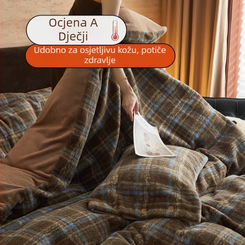Zimski debeli set posteljine od mliječnog velura, četiri dijela, navlaka za pokrivač s dvostrukom stranom, geometrijski kvadratni uzorak, težina 3500–4000 g
