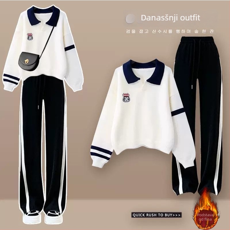 Ženski dvodijelni komplet, sveučilišni stil, geometrijski print, top s dugim rukavima, 95% poliester