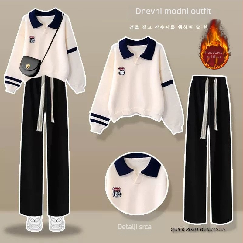 Ženski dvodijelni komplet, sveučilišni stil, geometrijski print, top s dugim rukavima, 95% poliester