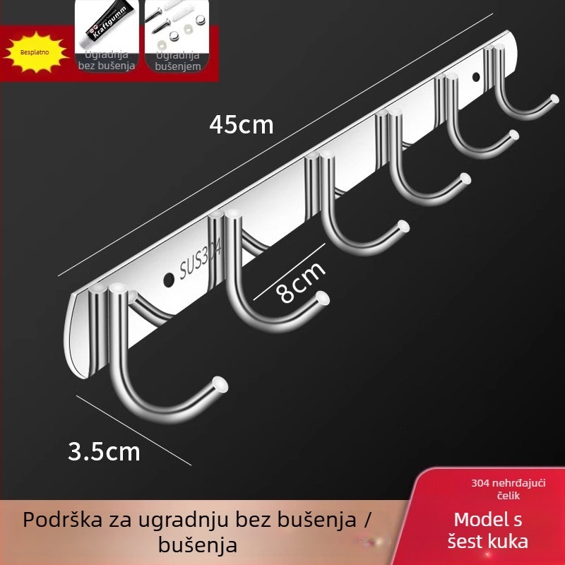 Nerđave čelične samoljepljive kukice za zid – kuhinja i kupaonica, zidno postavljanje bez bušenja, 3+ kukice, nosivost preko 30 kg, novi kineski stil