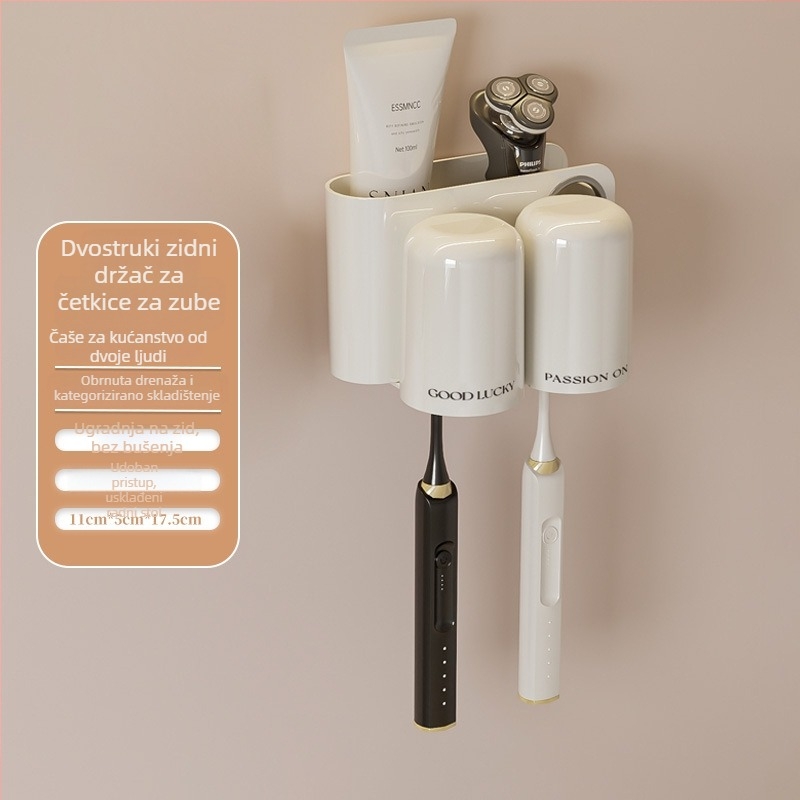 Držač za četkice za zube, zidni, bez bušenja, plastični, s utorom za pastu