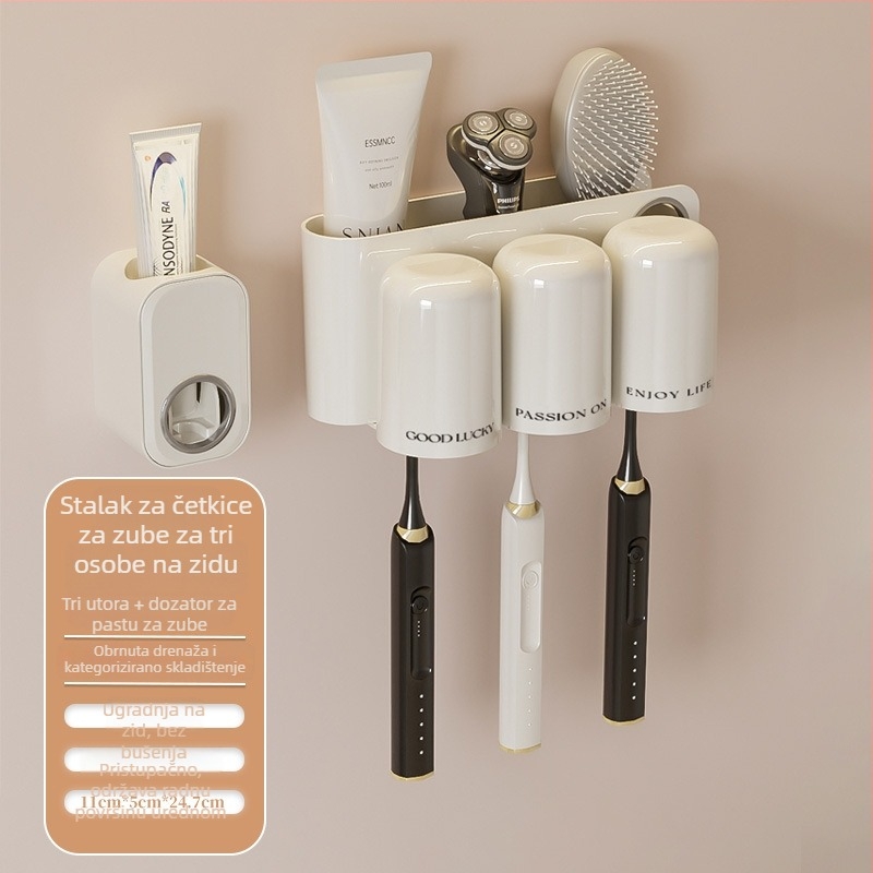 Držač za četkice za zube, zidni, bez bušenja, plastični, s utorom za pastu