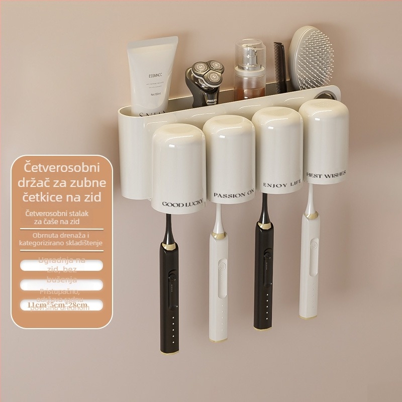 Držač za četkice za zube, zidni, bez bušenja, plastični, s utorom za pastu
