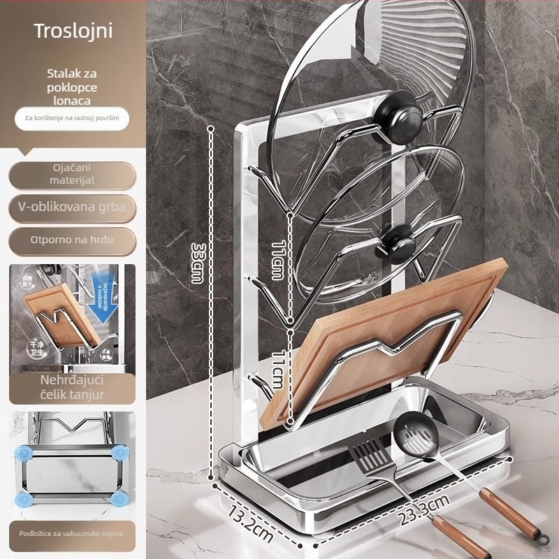 Zidni kuhinjski organizator za poklopce lonaca i daske za rezanje, bez bušenja, od karbonskog čelika