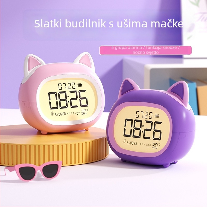 Dječji budilnik – višenamjenski budilnik za buđenje i pametno podsjećanje s noćnom lampom, stolni sat, sladak dizajn (Napajanje: Baterija; Vodootpornost: Da; Tip zaslona: Drugo)