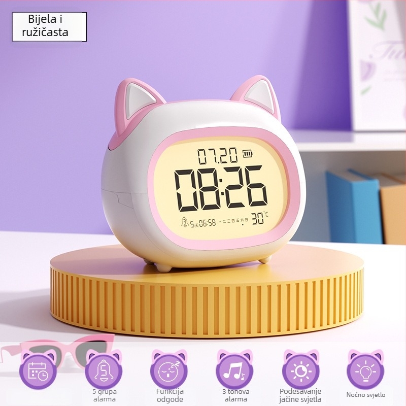 Dječji budilnik – višenamjenski budilnik za buđenje i pametno podsjećanje s noćnom lampom, stolni sat, sladak dizajn (Napajanje: Baterija; Vodootpornost: Da; Tip zaslona: Drugo)