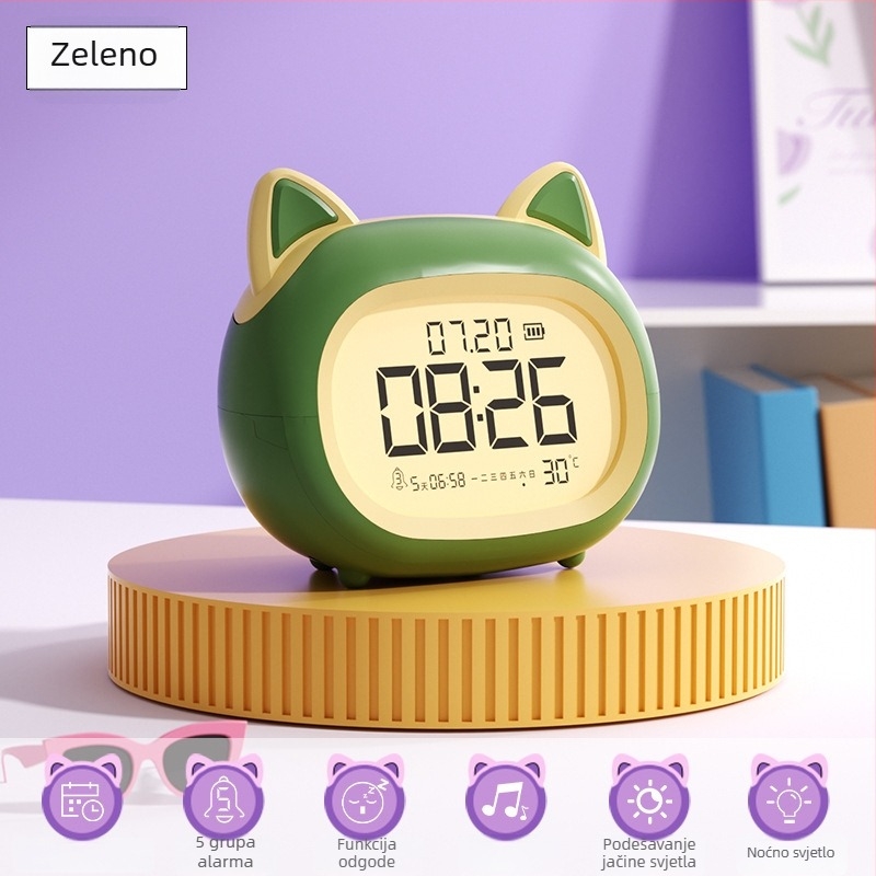 Dječji budilnik – višenamjenski budilnik za buđenje i pametno podsjećanje s noćnom lampom, stolni sat, sladak dizajn (Napajanje: Baterija; Vodootpornost: Da; Tip zaslona: Drugo)