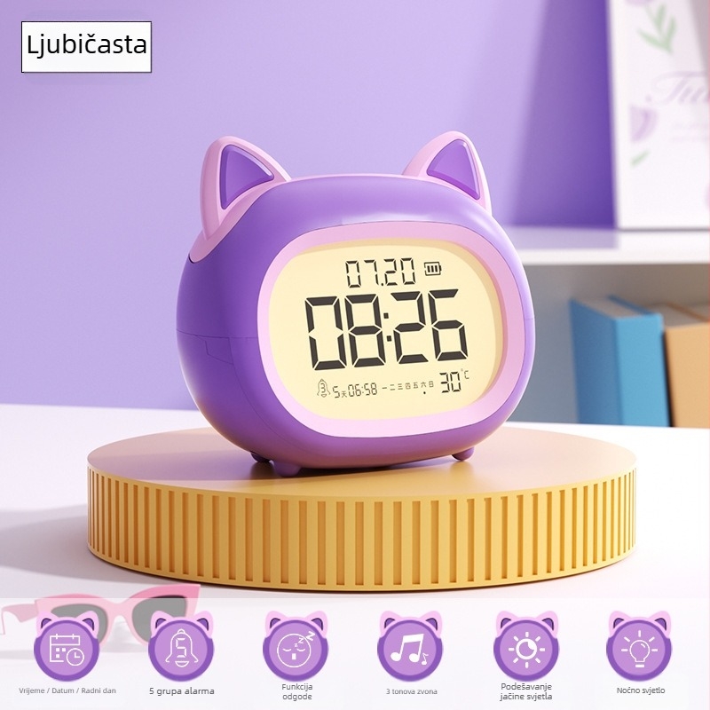 Dječji budilnik – višenamjenski budilnik za buđenje i pametno podsjećanje s noćnom lampom, stolni sat, sladak dizajn (Napajanje: Baterija; Vodootpornost: Da; Tip zaslona: Drugo)
