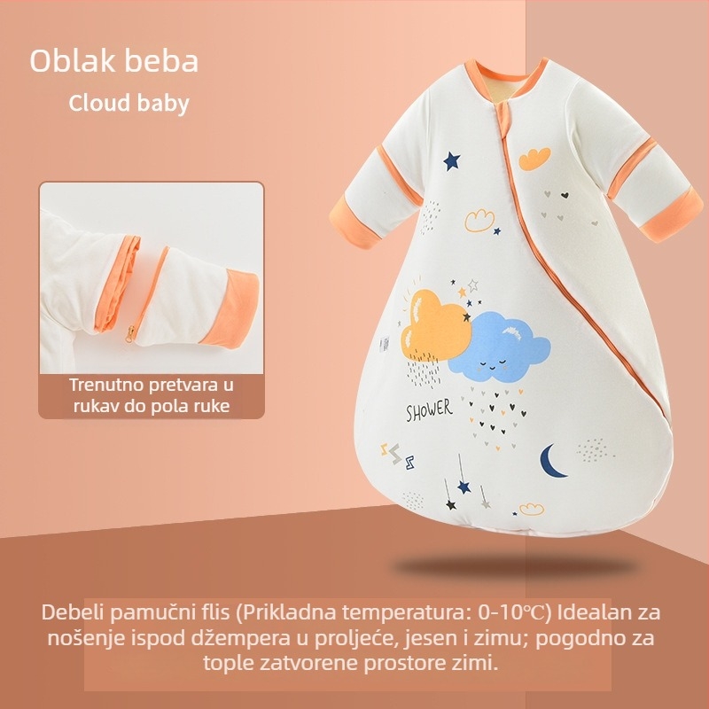 Debeli dječji spavaći vreć od čistog pamuka, jednodijelni prešiven dizajn, s odvojivim rukavima, zimi, za uzrast 0–3 godine, duljina 80 cm