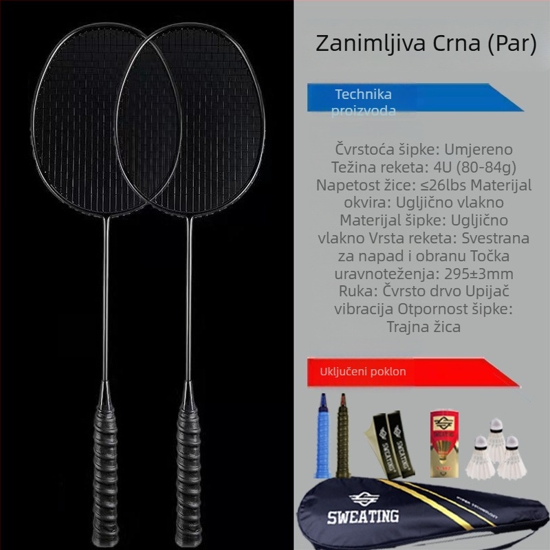 Set od 2 badminton reketa od karbonskih vlakana – ultralako 85–89 g, ručka G2, ravna osovina