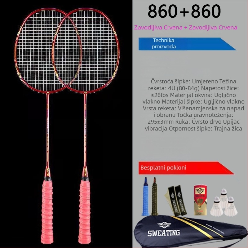 Set od 2 badminton reketa od karbonskih vlakana – ultralako 85–89 g, ručka G2, ravna osovina
