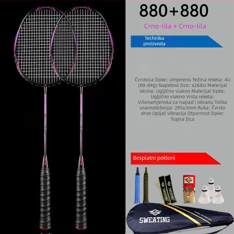 Set od 2 badminton reketa od karbonskih vlakana – ultralako 85–89 g, ručka G2, ravna osovina