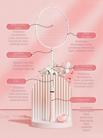 Badminton raketa Bo'weiqi/Popovich – izbalansirana glava, kompaktan dizajn, karbonska vlakna, titanij-ova legura, napetost 22–24 lb