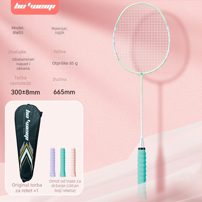 Badminton raketa Bo'weiqi/Popovich – izbalansirana glava, kompaktan dizajn, karbonska vlakna, titanij-ova legura, napetost 22–24 lb