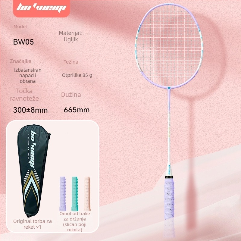 Badminton raketa Bo'weiqi/Popovich – izbalansirana glava, kompaktan dizajn, karbonska vlakna, titanij-ova legura, napetost 22–24 lb