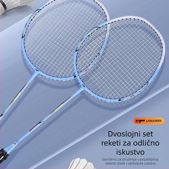 Set dvije badminton rakete – lagan, okvir od staklo-aluminija, najlon končići, težina 90–94 g, za početnike i amatere