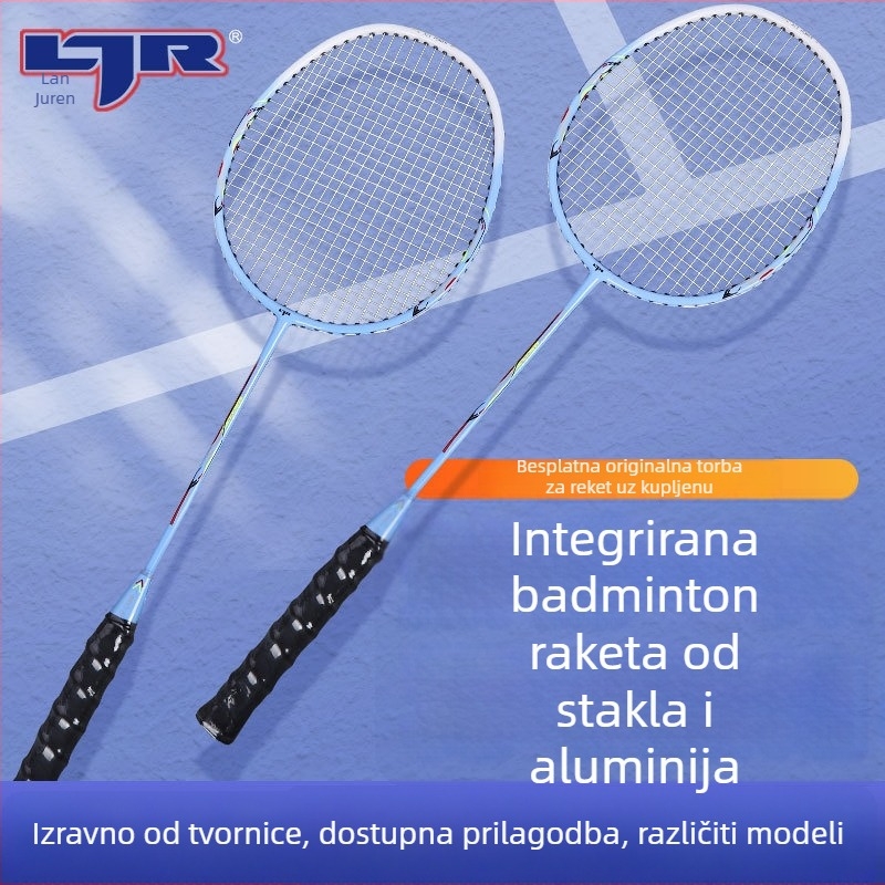 Set dvije badminton rakete – lagan, okvir od staklo-aluminija, najlon končići, težina 90–94 g, za početnike i amatere