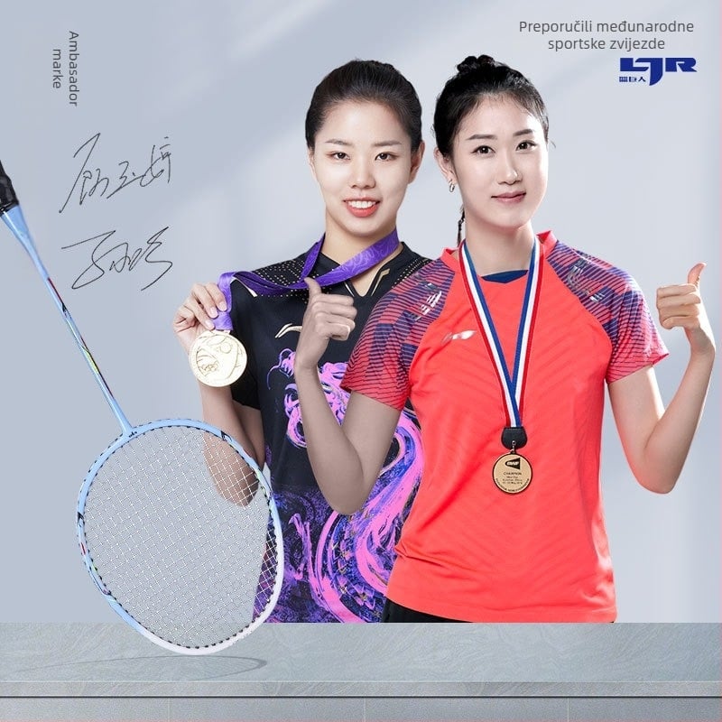 Set dvije badminton rakete – lagan, okvir od staklo-aluminija, najlon končići, težina 90–94 g, za početnike i amatere