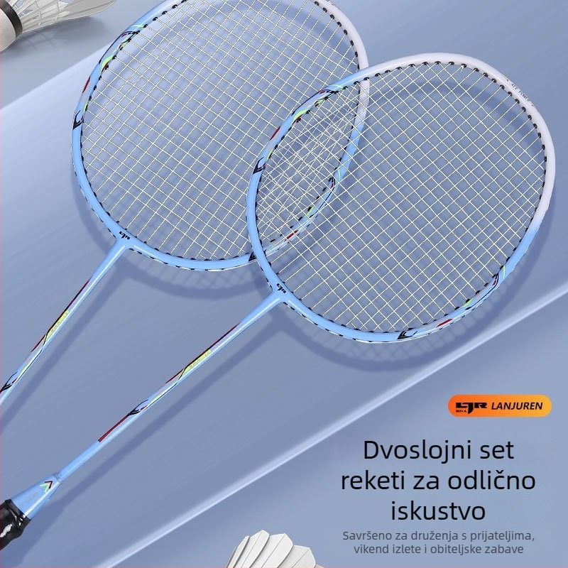 Set dvije badminton rakete – lagan, okvir od staklo-aluminija, najlon končići, težina 90–94 g, za početnike i amatere