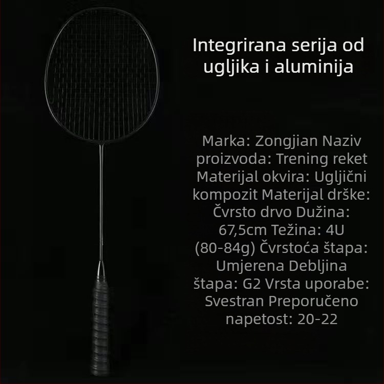 Badminton raketa s karbonskim okvirom, težina 85–89 g, direktan udarac, podrijetlo Jiangxi Ji'an, za amaterske srednjoškolce