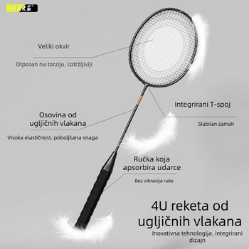 Set dviju badminton raketa od karbonskih vlakana, jedinstven okvir, izdržljiv za profesionalni trening