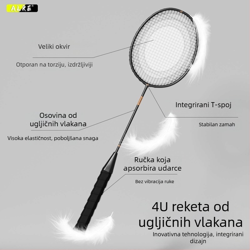 Set dviju badminton raketa od karbonskih vlakana, jedinstven okvir, izdržljiv za profesionalni trening