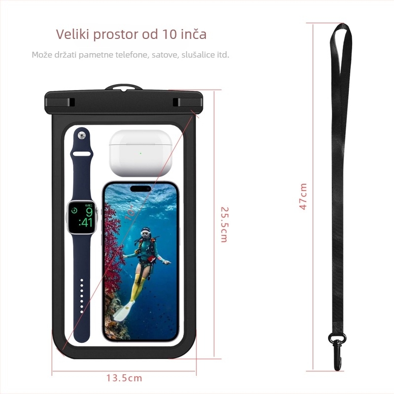 Vodootporna futrola za telefon za aktivnosti na otvorenom i podvodnu fotografiju, univerzalno prilagođena pametnim telefonima, materijal PVC+ABS, vodootporna tkanina, mogućnost otiska logotipa