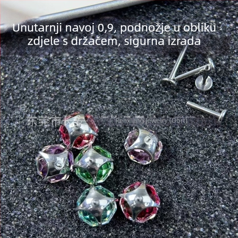 Naušnice od titanijskog legura F136 s kružnim buketom i šarenim cirkonima, unutarnji navoj, dno čašice i držač kandži