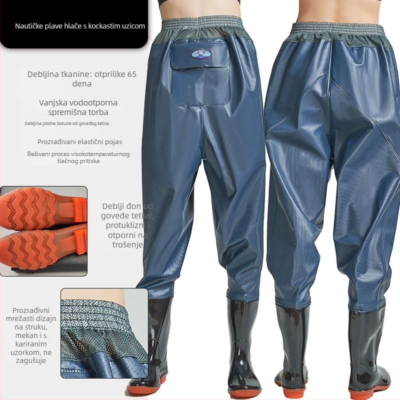 Pantalone za ribolov do pasa od PVC-a s 1 džepom i integriranim kišnim čizmama, otporan pleteni materijal, debljina 0,55–0,85 mm