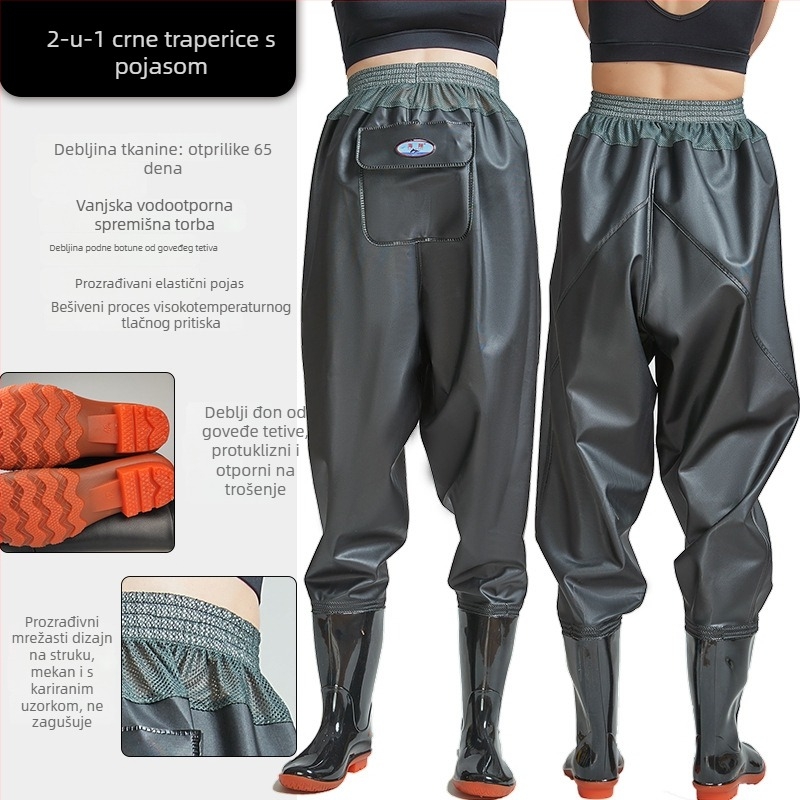 Pantalone za ribolov do pasa od PVC-a s 1 džepom i integriranim kišnim čizmama, otporan pleteni materijal, debljina 0,55–0,85 mm