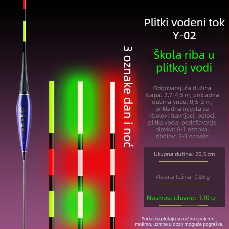 Elektronska plutаč za plitke vode, svjetleća u mraku, ultra kratka, karbonsko vlakno.