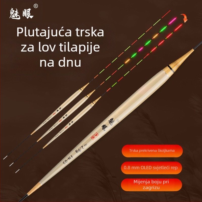 Charming Eyes OLED svjetleća pluta za tilapije, visoka osjetljivost na zagriz, mijenja boju, dnevno/noćna upotreba, kratka šipka, duga tjeles, ribolov na dnu u crnim jamama