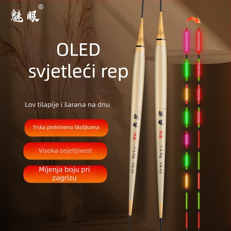 Charming Eyes OLED svjetleća pluta za tilapije, visoka osjetljivost na zagriz, mijenja boju, dnevno/noćna upotreba, kratka šipka, duga tjeles, ribolov na dnu u crnim jamama