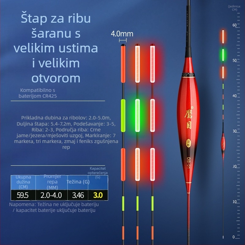 Plovak za vertikalni drift – Eagle Eye, kompozitni materijal, svjetleći plovak za noćni ribolov, dnevno-noćna uporaba