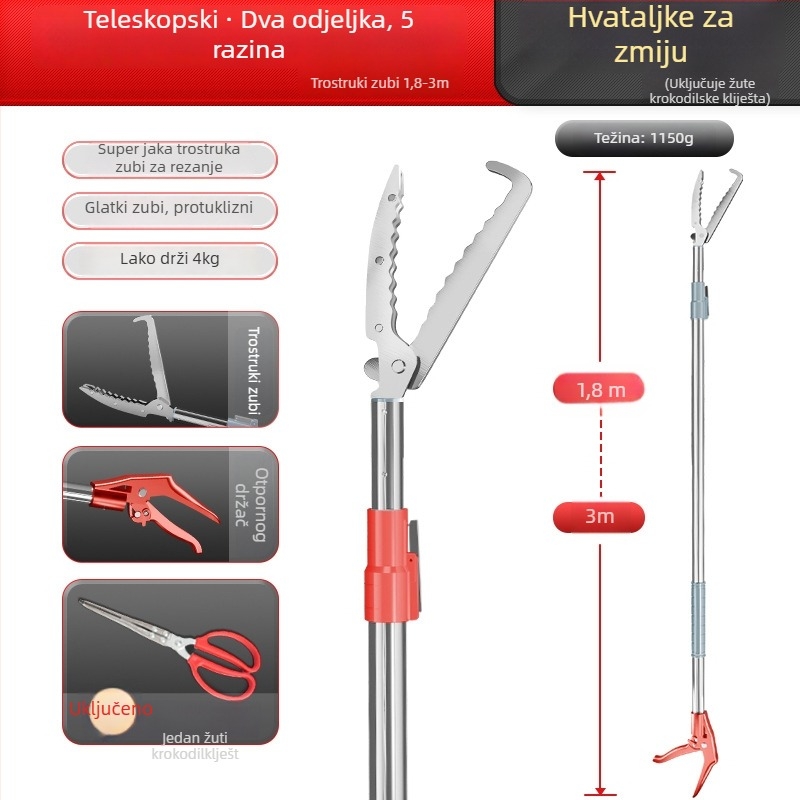 Teleskopske kliješta s kukom za zmiju, aluminijska legura, Silver Rhinoceros