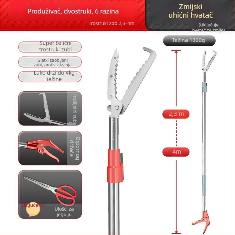 Teleskopske kliješta s kukom za zmiju, aluminijska legura, Silver Rhinoceros
