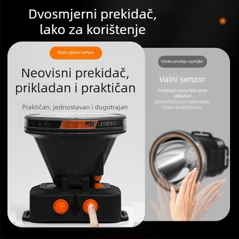 LED čelna lampica s 2000mAh baterijom, snaga 1W/3W/5W, ručni pogon, naglavna traka za ribolov i vanjsku upotrebu, uključuje punjač, doseg do 500 m