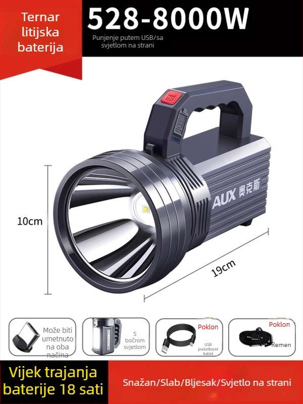 Punopunjiva LED svjetiljka | Ultra jasna vanjska svjetiljka s dugim dometom | 5500–9900W, LED, ABS, domet 500 m+