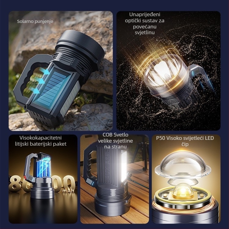 Punopunjiva LED svjetiljka | Ultra jasna vanjska svjetiljka s dugim dometom | 5500–9900W, LED, ABS, domet 500 m+