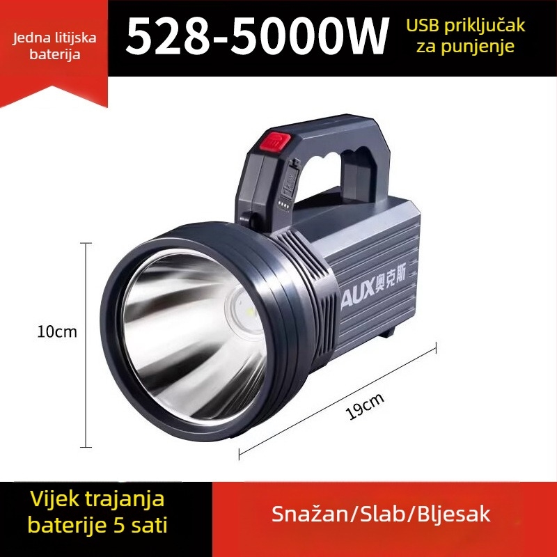 Punopunjiva LED svjetiljka | Ultra jasna vanjska svjetiljka s dugim dometom | 5500–9900W, LED, ABS, domet 500 m+