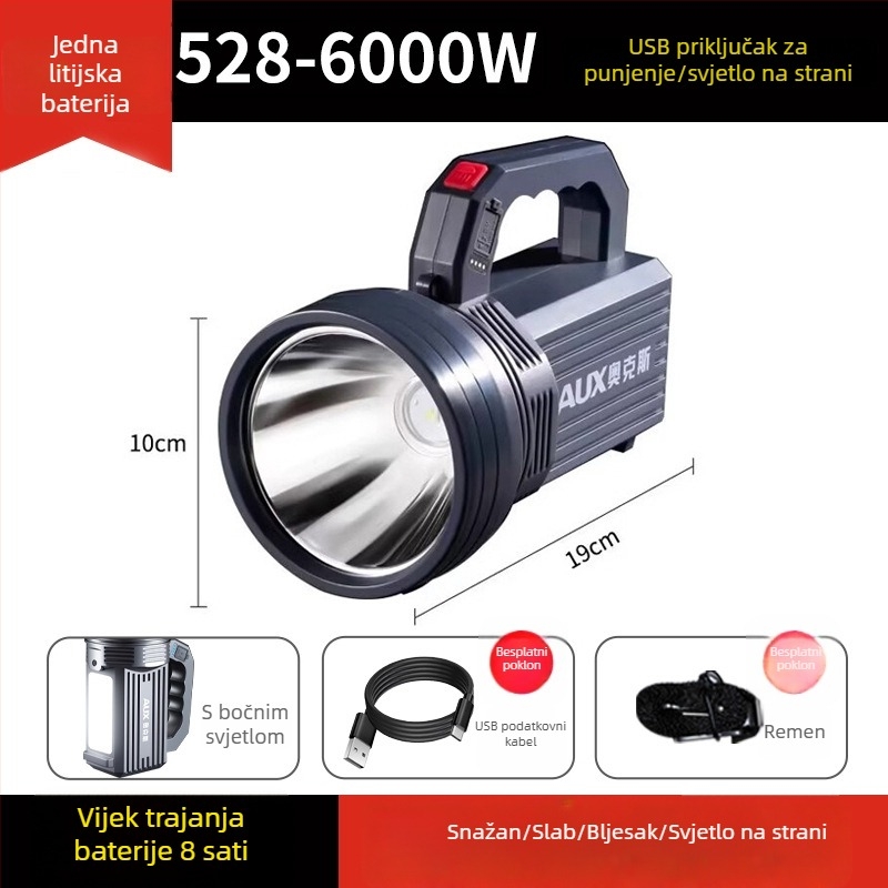 Punopunjiva LED svjetiljka | Ultra jasna vanjska svjetiljka s dugim dometom | 5500–9900W, LED, ABS, domet 500 m+