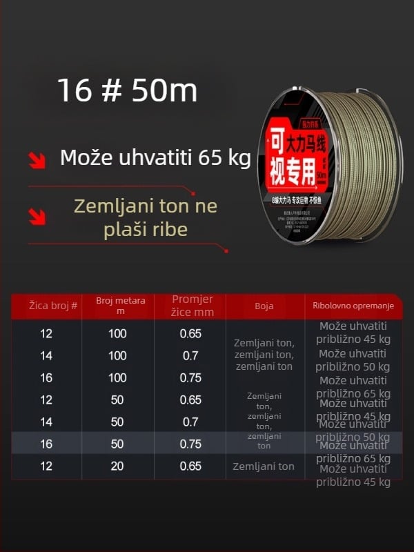 Welcome zemljano smeđa PE pletena ribolovna linija, 45 lb, nevidljiva pod vodom, glavna linija i vodilica