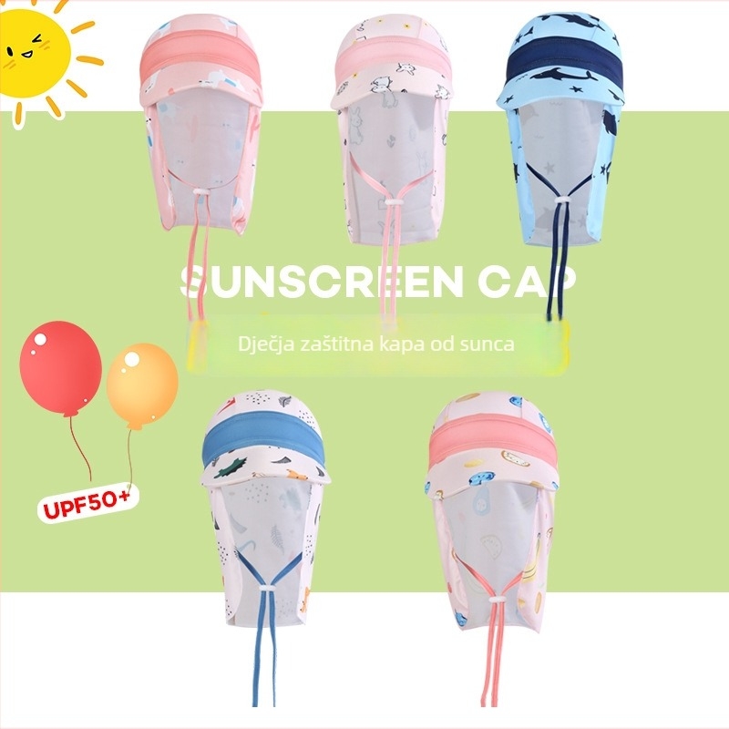Dječja kapa za sunce sa širokim obodom — poliester, karikatura uzorak, UV zaštita, otporna na vjetar i pijesak