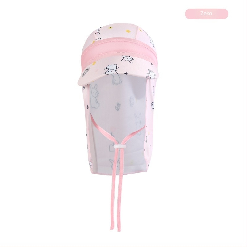 Dječja kapa za sunce sa širokim obodom — poliester, karikatura uzorak, UV zaštita, otporna na vjetar i pijesak