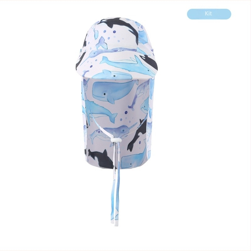 Dječja kapa za sunce sa širokim obodom — poliester, karikatura uzorak, UV zaštita, otporna na vjetar i pijesak